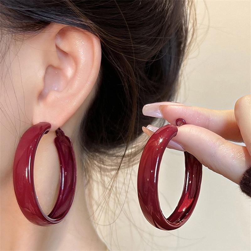 Vintage Red Large Small Circle Hoop Earrings for Women Simple Geometric Round Glossy Huggie Earrings Party Jewelry Gift