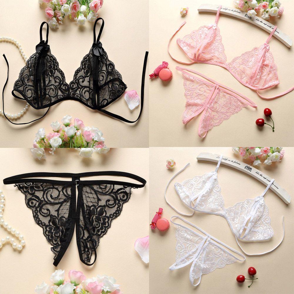 Transparent Thong Floral Panty Women Bra Lace Lingerie Open Cup
