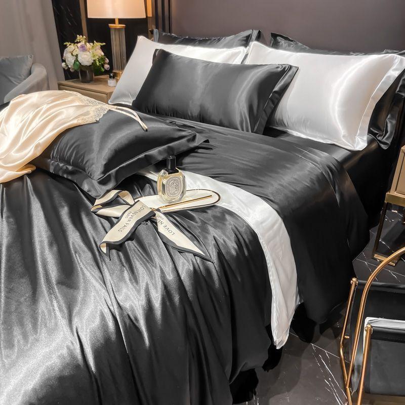 Luxuriöses 4-teiliges Bettwäsche-Set aus 100 % Maulbeerseide, doppelseitiger Satinseide-Bettbezug & Spannbettlaken & Kissenbezüge, Premium-Seiden-Heimtextilien
