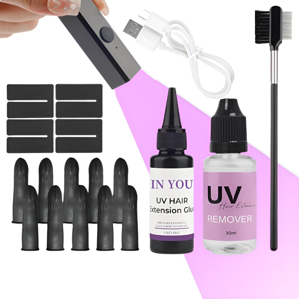 

Набор для волос с УФ-лампой 10 секунд: УФ-лампа + 30 г клея и инструменты, Быстрое невидимое склеивание, Салонный и DIY полный набор A set