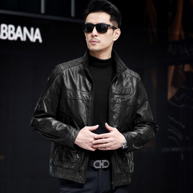 

Autumn and winter leather leather jacket men s casual stand-up collar men s cowhide top leather motorcycle jacket jacket L чорний