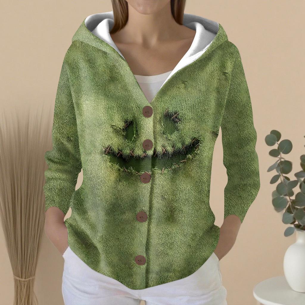 Mote for kvinner, avslappet genser, knappestrikkejakke med trykk, hettejakke