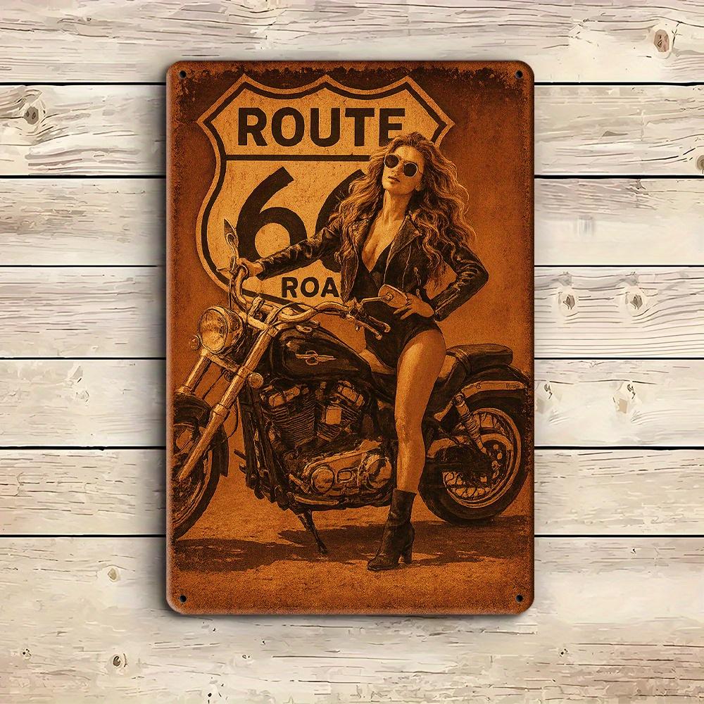 Vintage Route 66 Motorcycle Sign - Retro Aluminum Wall Art for Cafe & Bar Decor
