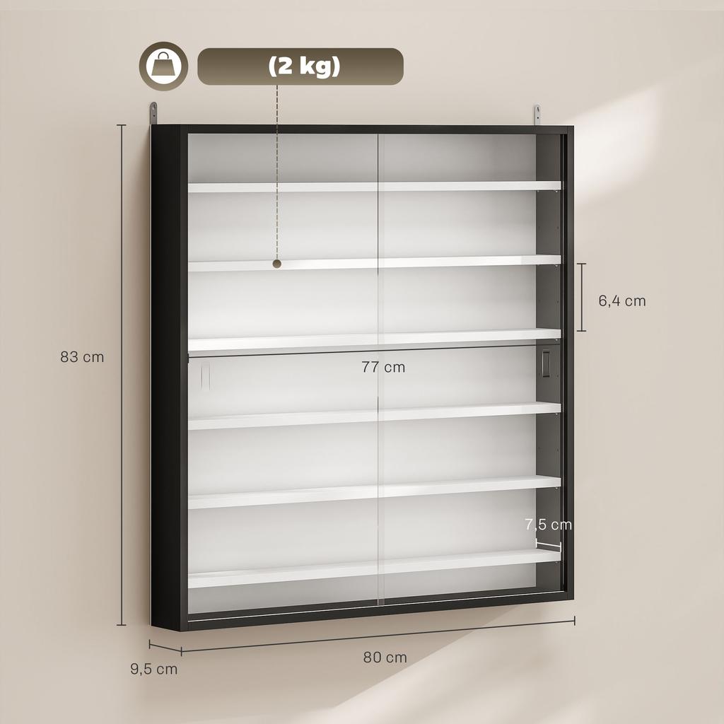 Wall-Mounted Display Case, 6 Adjustable Shelves, 2 Sliding Glass Doors, 80 x 9.5 x 83 cm