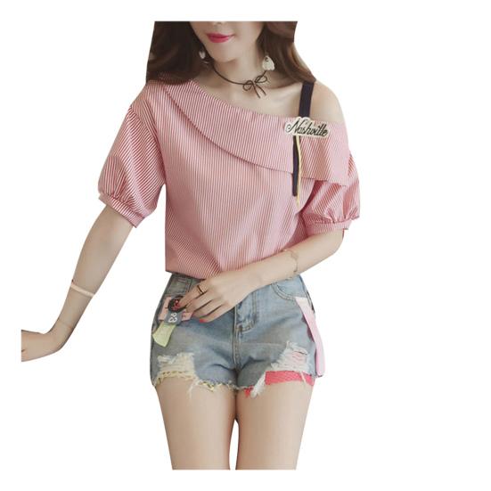 Damen Streifen Halber Ärmel Ein Schulter Lockerer Unterzieh-Tunika-Top Bluse Hemd