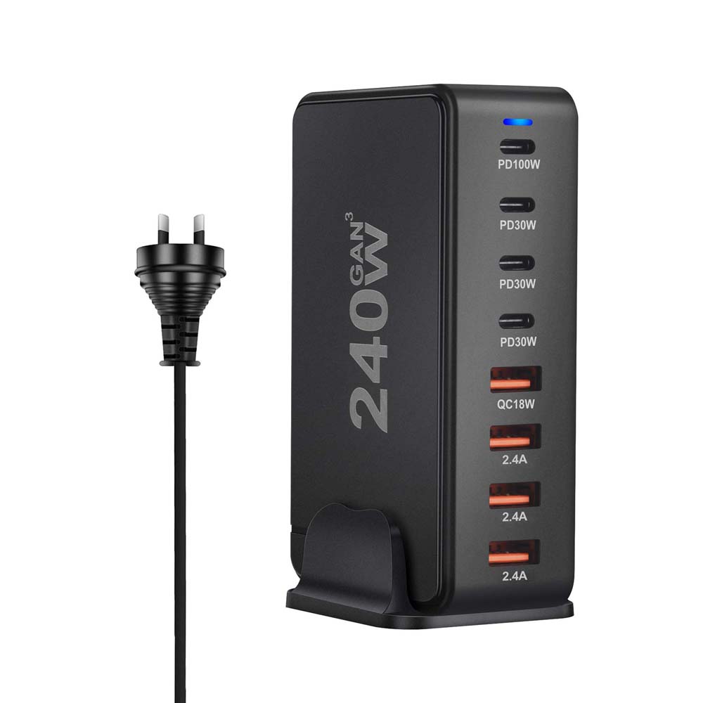 268W 240W Desktop GaN Quick PD Charger 8 Ports USB Type C USA EU AUS UK Plug Adapter Mobile Phone Laptop PC Charging Dock Stand