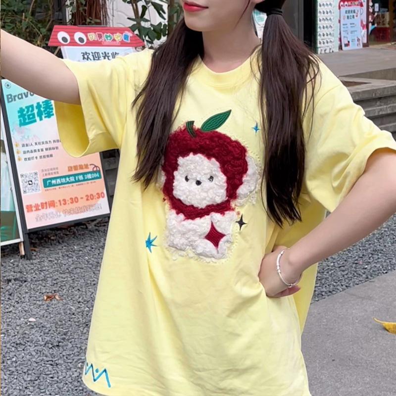

Летние футболки из чистого хлопка для женщин, милые мультяшные, с круглым вырезом, оверсайз, корейский стиль Y2k, женская одежда, повседневные топы Y2k с короткими рукавами XXL