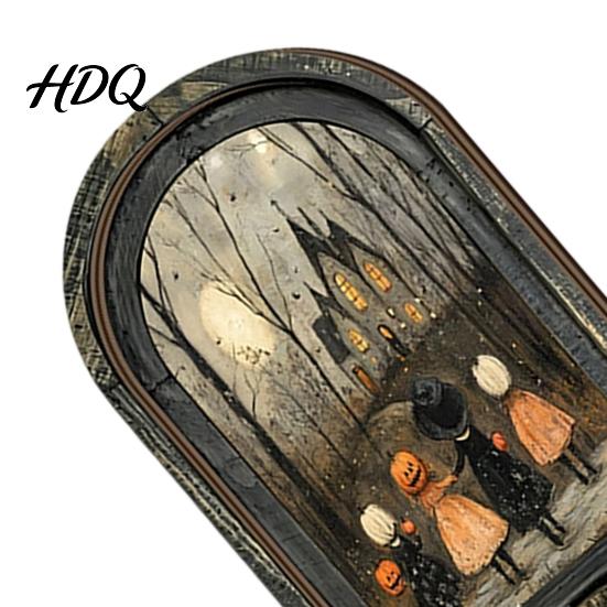 Solid Wood Halloween Frame Arched Wooden Wall Decor, Ghost Cat Hanging Ornament, Distressed Gothic Decorations Tabletop Decor Plaque, Spooky