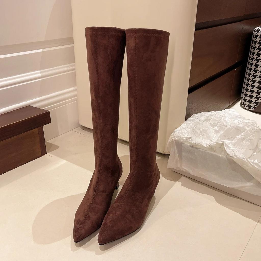 Modische Motorradstiefel Damen Herbst Winter Slim Spitzzehe Leopardenmuster Samt Lange Stiefel Mittelhoher Absatz Reißverschluss