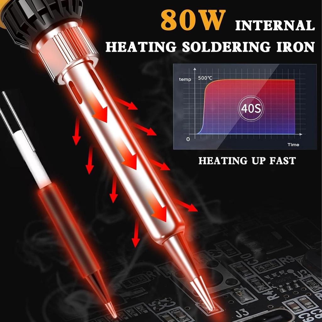 Orange 80W Adjustable Temperature Soldering Iron Kit, Heat Resistant Anti-Slip Handle, Includes 5 Tips, Solder Wire, Stand, Flux – Solder Pen/Hot Pen