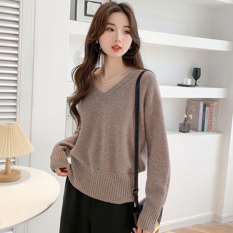 Mockana Women's Relaxed V-Neck Knit Wool Sweater