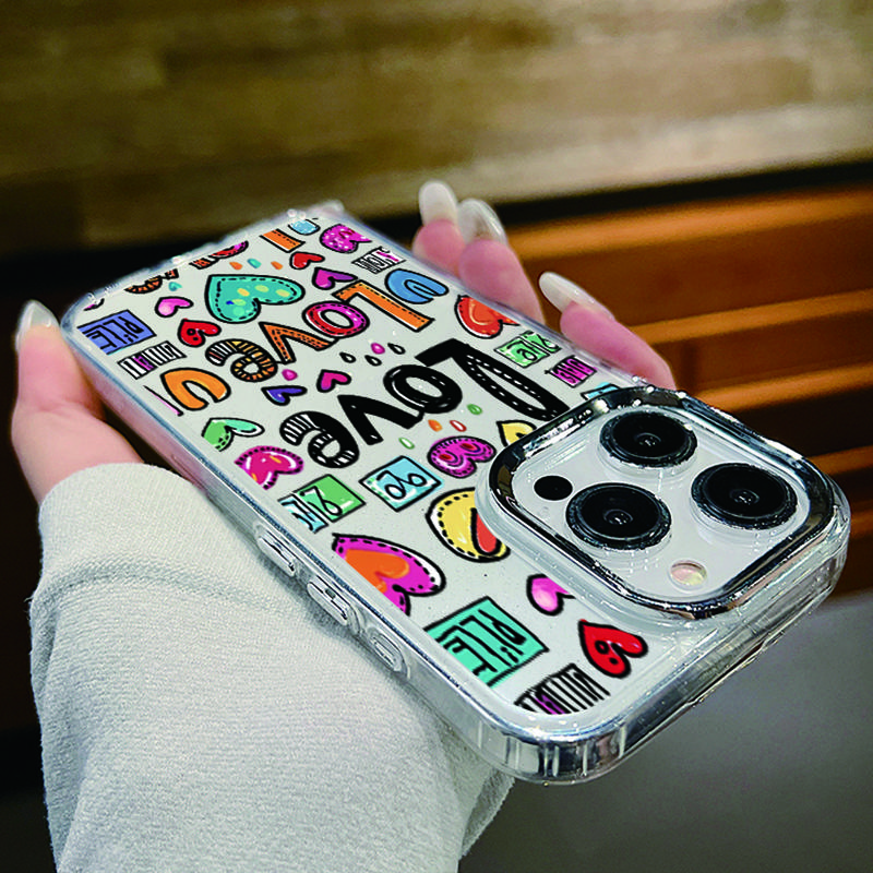 Fashion Colorful Love Hearts Print Clear Phone Case For iPhone 16 Pro Max 15 Plus 14 Pro 13 12 11 Plating Lens Protection Soft TPU Shockproof Cover