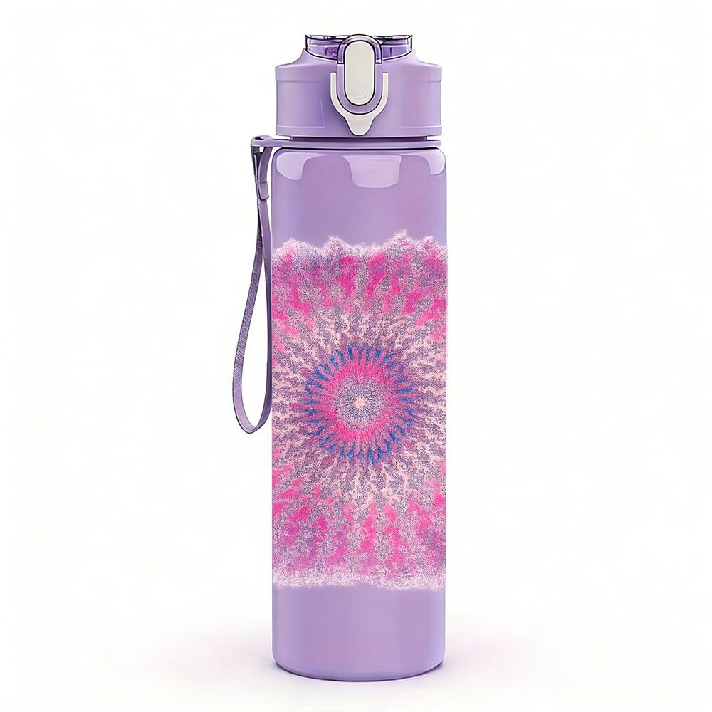 1PC Pink Purple Mandala Circle Art Print 750ml Color Plastic Sports Water Bottle Leakproof Flip Straw Lid Suitable for Sports Office Home Use