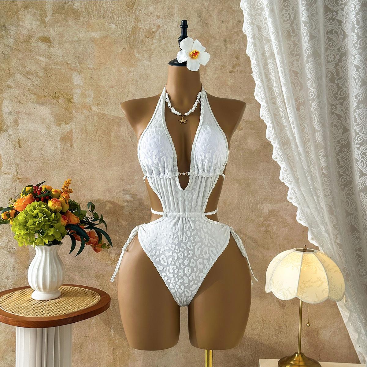 

2026 European and American New Sexy Leopard Print Lace-up Hollow One-piece Swimsuit Bikini L
