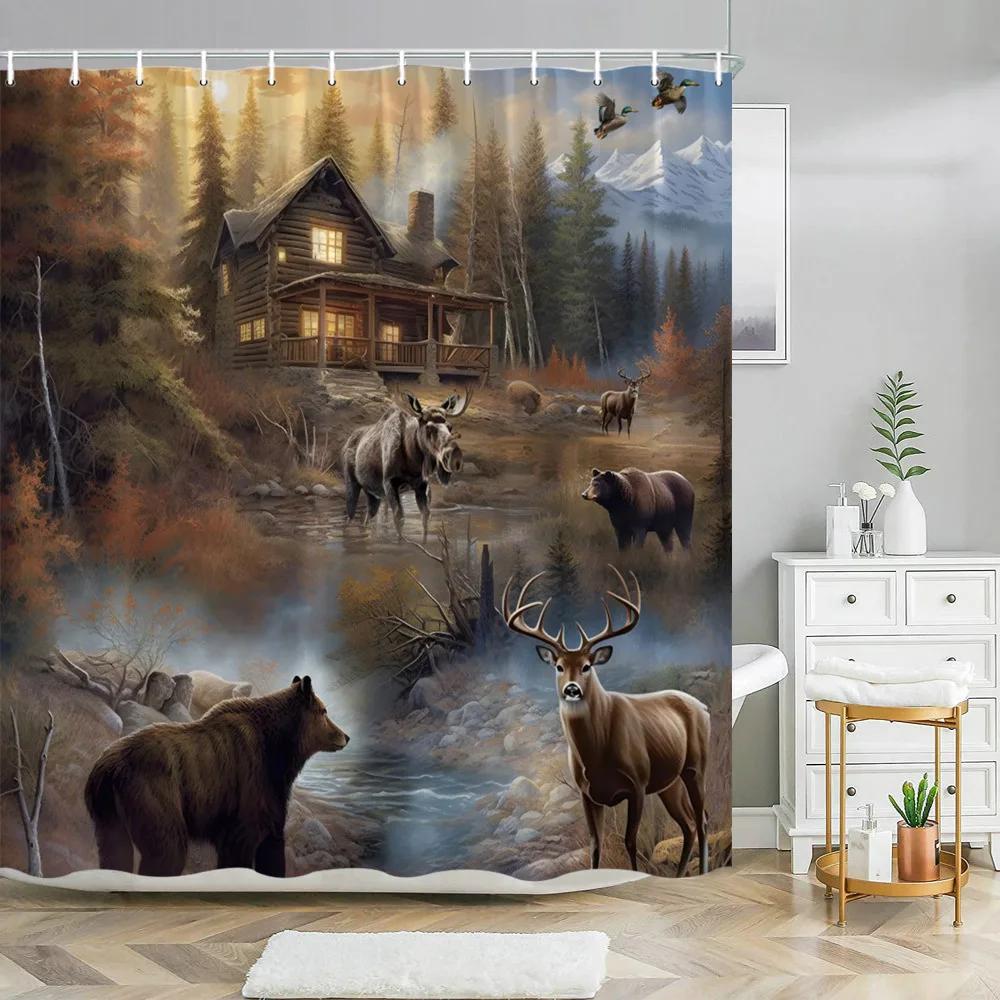 

Rustic Forest Wildlife Shower Curtain Bear Elk Deer Tranquil Autumn Scene Polyester With 12 Hooks Cabin-Themed Bathroom Decor W60H190(CM)-1 Pcs