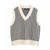 Women Fashion Oversized Houndstooth Plaid Knitted Vest Sweater Vintage Sleeveless Side Vents Female Waistcoat Chic Tops
