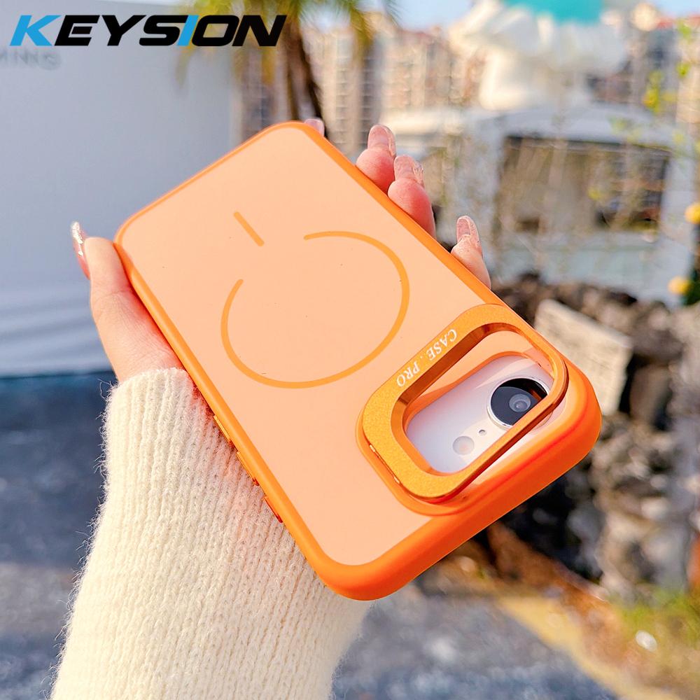 KEYSION Matte Skin Feel Lens Stand Phone for Magsafe Phone Case For iPhone 17e 16e Magnetic Wireless Charging Shockproof Cover for iPhone 17e оранжевый