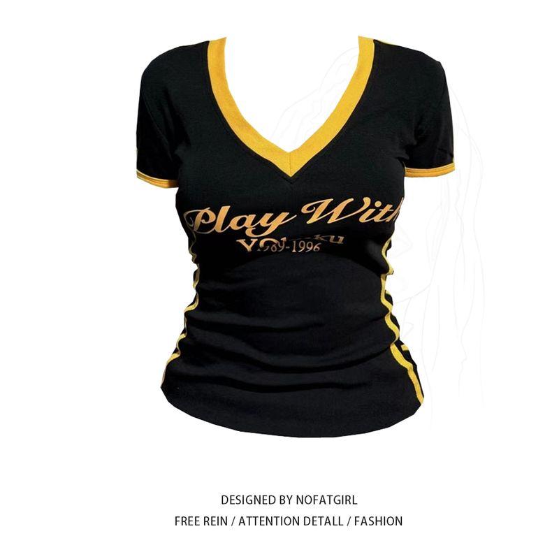 

Plus Size Chubby Girl American Contrast Color V-neck Short-Sleeved T-shirt Women s Summer New Arrival Silm Sexy Stylish Shoulder Fashion Contrast Color Top M