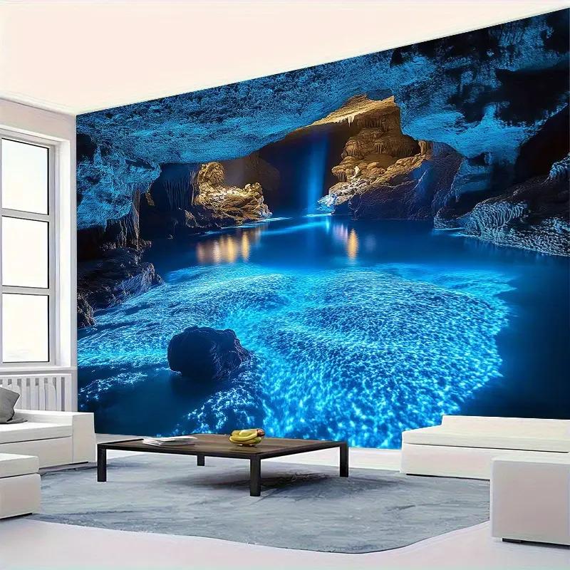 2D Flat - Extra Large Blue Cave Landscape Tapestry in 2D Flat Design - a Vibrant Underwater Scene Featuring Luminous Lights, Mad