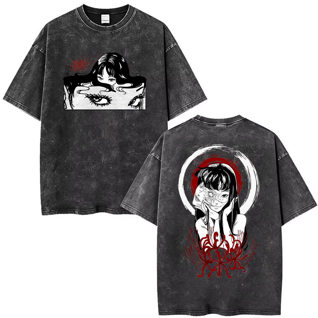 Vintage Washed Anime Tomie Junji Ito Graphic T Shirts Men Women Fashion Oversized Cotton T-shirt Loose Aesthetic Clothing Tshirt
