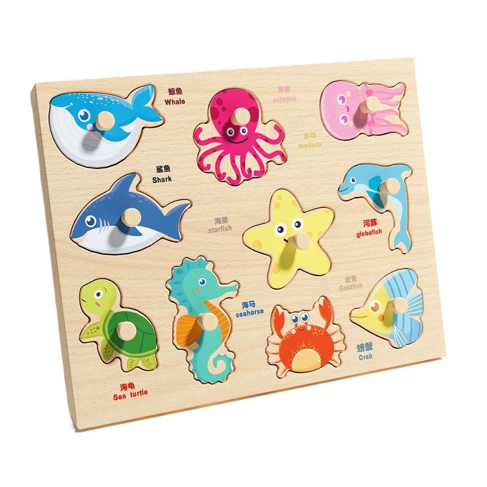 Shape Matching Wooden Puzzle Toys Cartoon Animals Fruits 3D Puzzles Children Montessori Toys  Kids Ocean