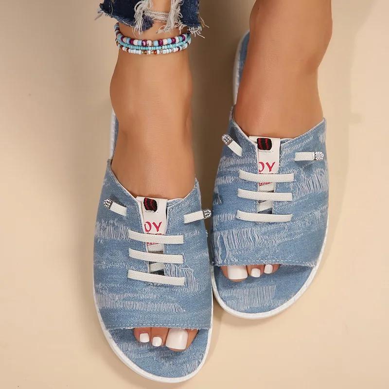 New Comfortable Lightweight Slippers for Womens Shoe Summer Round Head Open Toe Denim Slip-On Indoor Outdoor Flat Casual Sandal