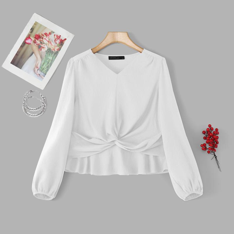ZANZEA Blusa Casual Larga de Manga Larga Lisa con Cuello en V para Mujer