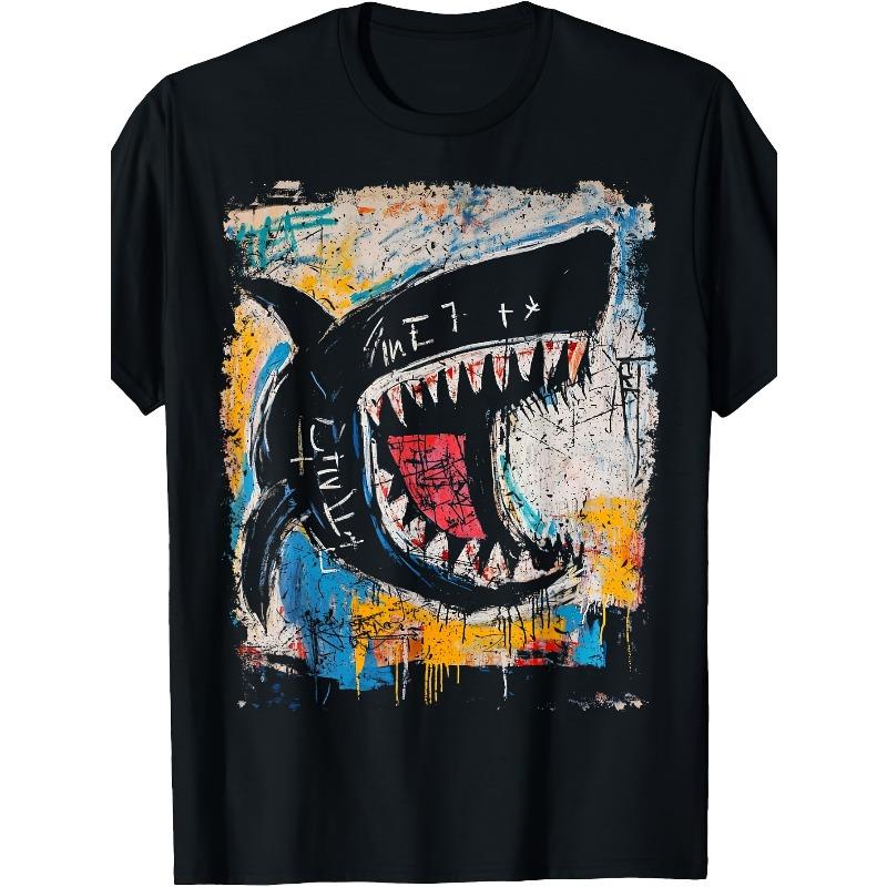 

European sizes Pop Art Style Shark Men S Graffiti T-Shirt Same Style for Men Summer Short-Sleeve Printed T-Shirt S чёрный