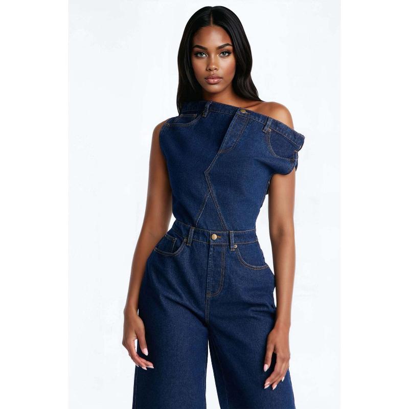 Moda Spalle Scoperte Denim Irregolare Monopezzo Tute Donna Manica Corta Tasca con Bottoni Rompers in Jeans Salopette Femminile Kaluputics