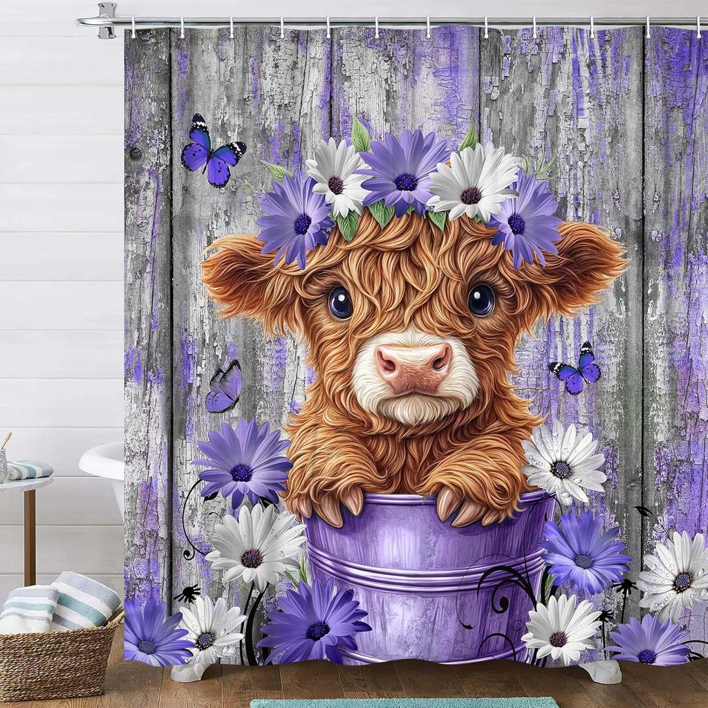 Funny Highland Cow Shower Curtain for Bathroom Decor, Teal Farm Teal Daisy Floral Flowers and Butterfly On Country Wooden