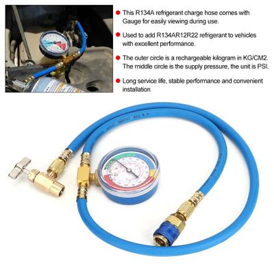 R134A Car Air Conditioning Refrigerant Charging Hose Kit With Pressure Gauge 1/4 Acme AC Recharge Measuring U-Hose Can Tap