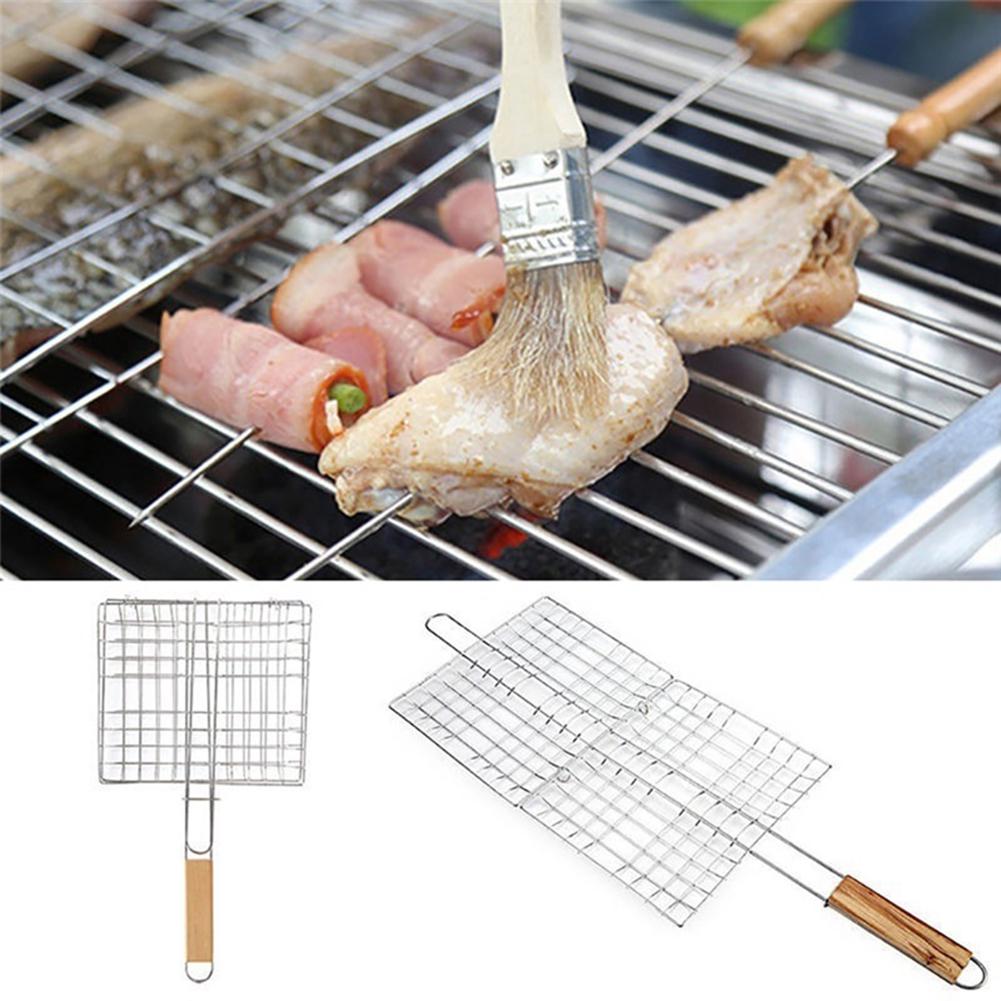 Iron Wire Grilling Barbecue BBQ Basket Net Wooden Meat Handle Fish Clip Holder