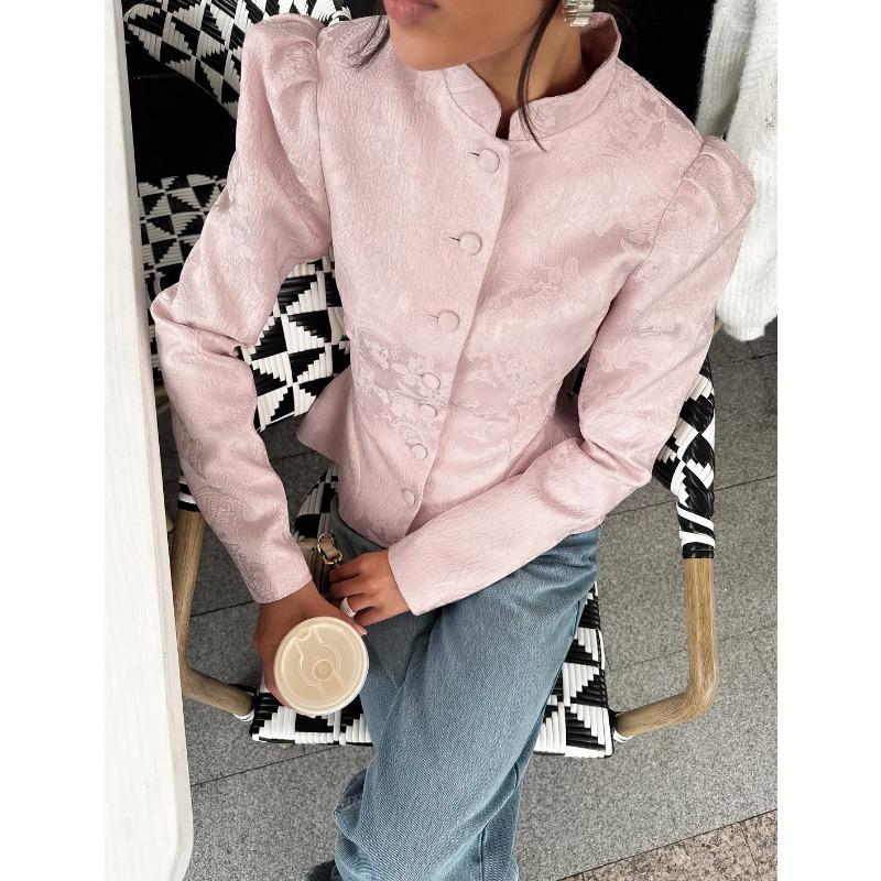 Women New Chinese Style Stand Collar Long Sleeve Waisted Puff Sleeve A Line Outerwear Coat