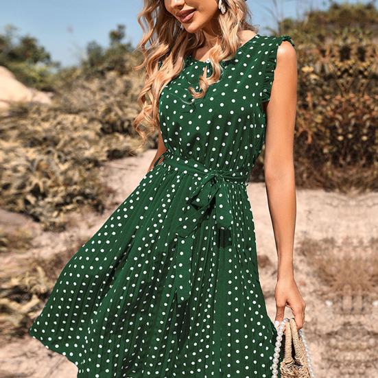 FASHION Dot Print Belt Pleated Hem Women Dress O-neck Flying Sleeve Front Hollow Mini Dress