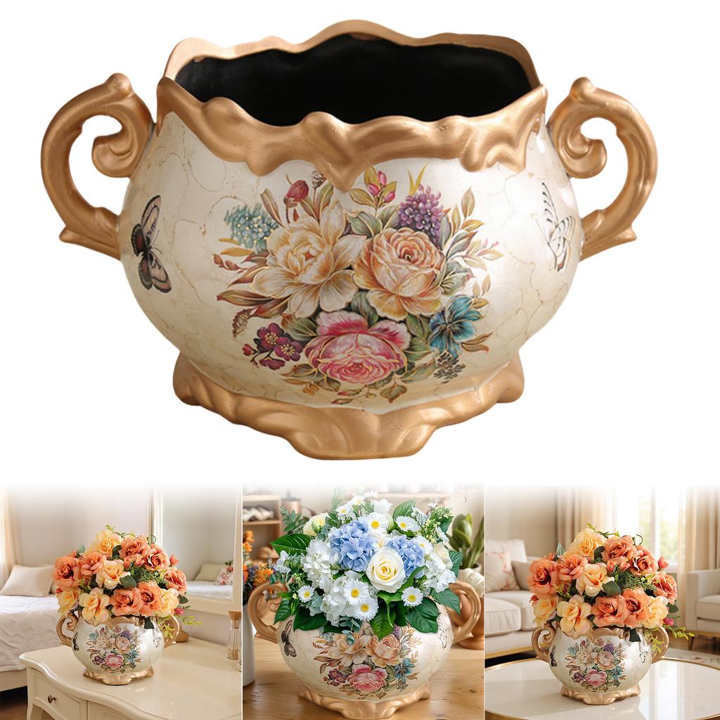 Europe Retro Ceramic Vase with Handle Desktop Flower Arrangement Vase Handcrafted Glazed Vase for Living Room Kitchen Table Desk