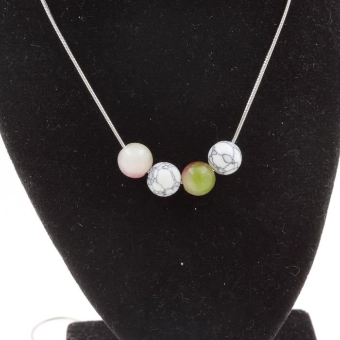 Collier - ABIJOUX - Perles Tourmaline melon d'eau et Howlite - 8 mm - Acier inoxydable - Mixte
