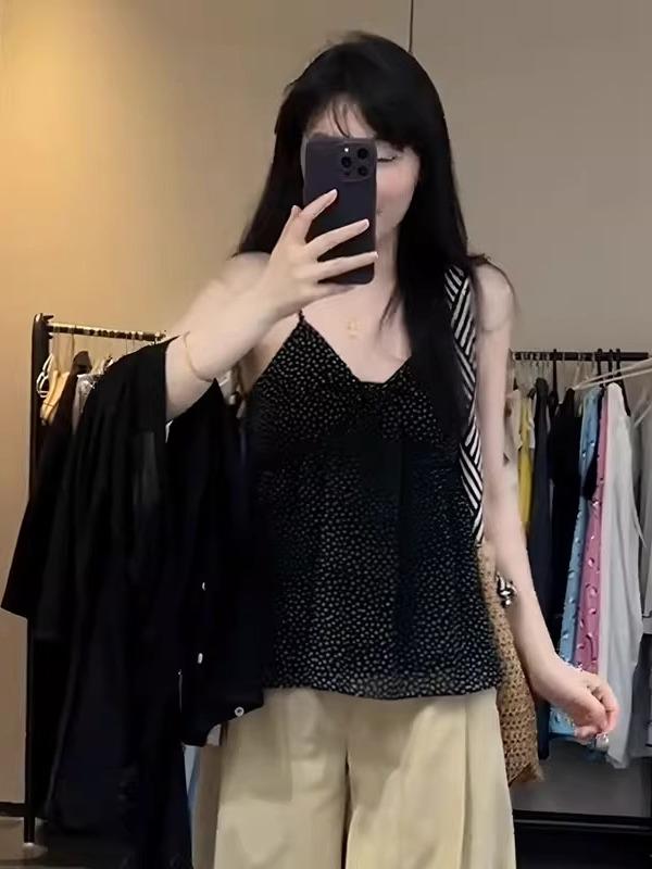 Dwuczęściowy komplet w groszki w dużych rozmiarach: Francuski Retro Top na Ramiączkach i Kardigan