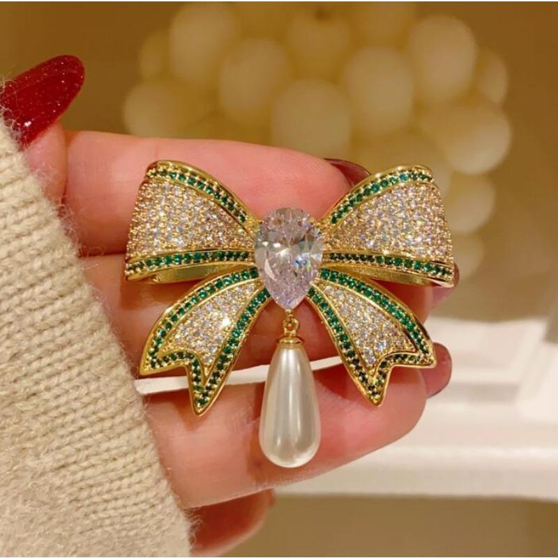 Retro High-end Sense Light Luxury Full Diamond Bow Brooch Brooch Exquisite Elegant Suit Pin Buckle with Jewelry