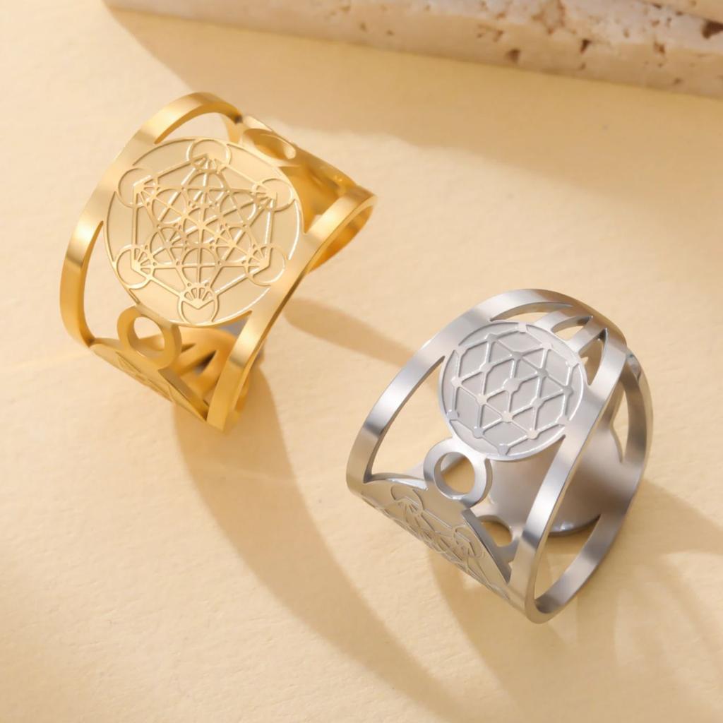 LIKGREAT Geometric Metatron Ring For Women Men Adjustable Size Stainless Steel Rings Solomon Supernatural Amulet Jewelry Gift