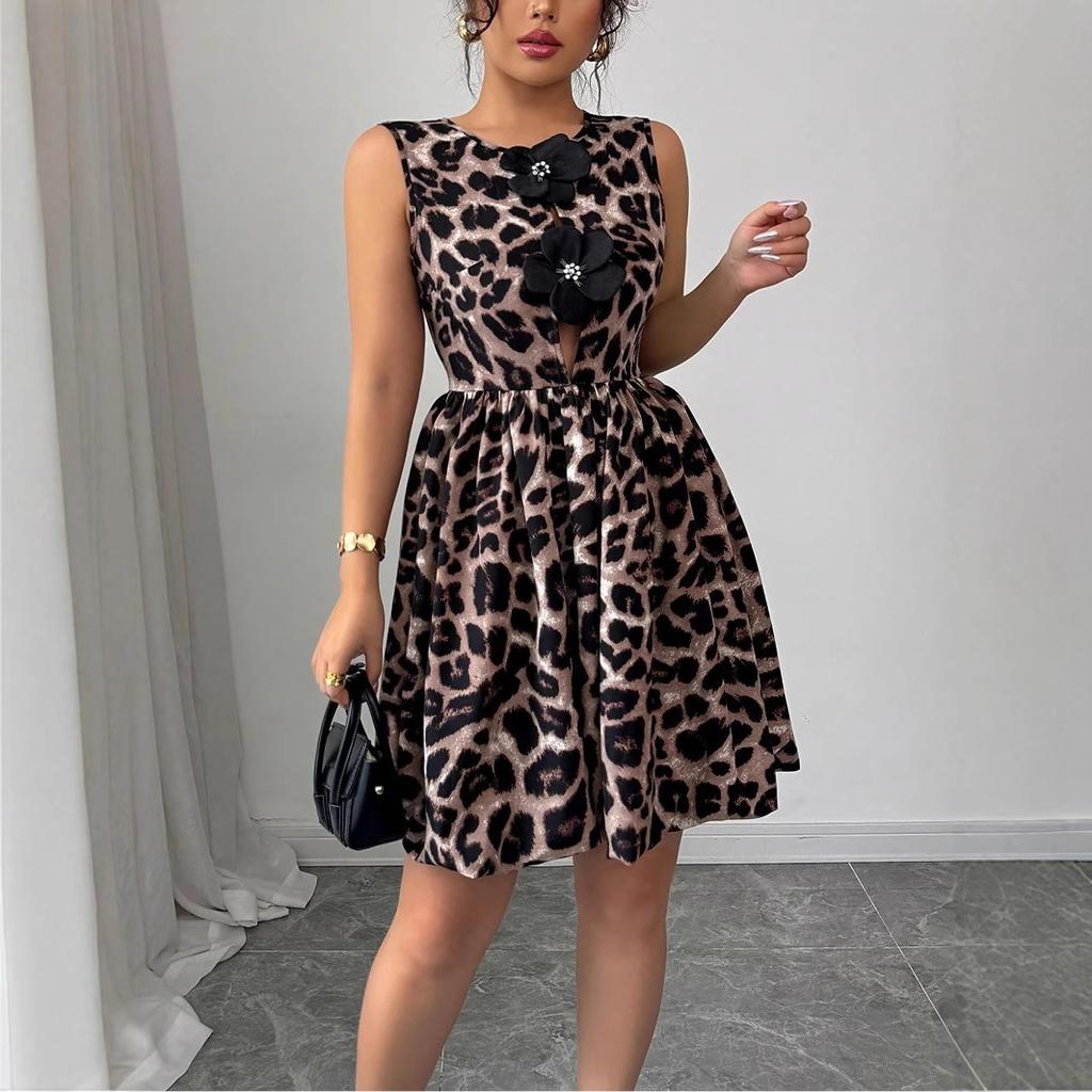 Women Leopard Print 3D Floral Decor Dress Summer Women Mature Style French Retro Patchwork Slim Sexy Elegant Women Maxi Dress
