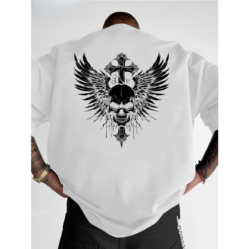 European Sizes Men's Heavyweight Cotton T-Shirt - Back Print Graphic Tee with Edgy Skull & Wings Design
