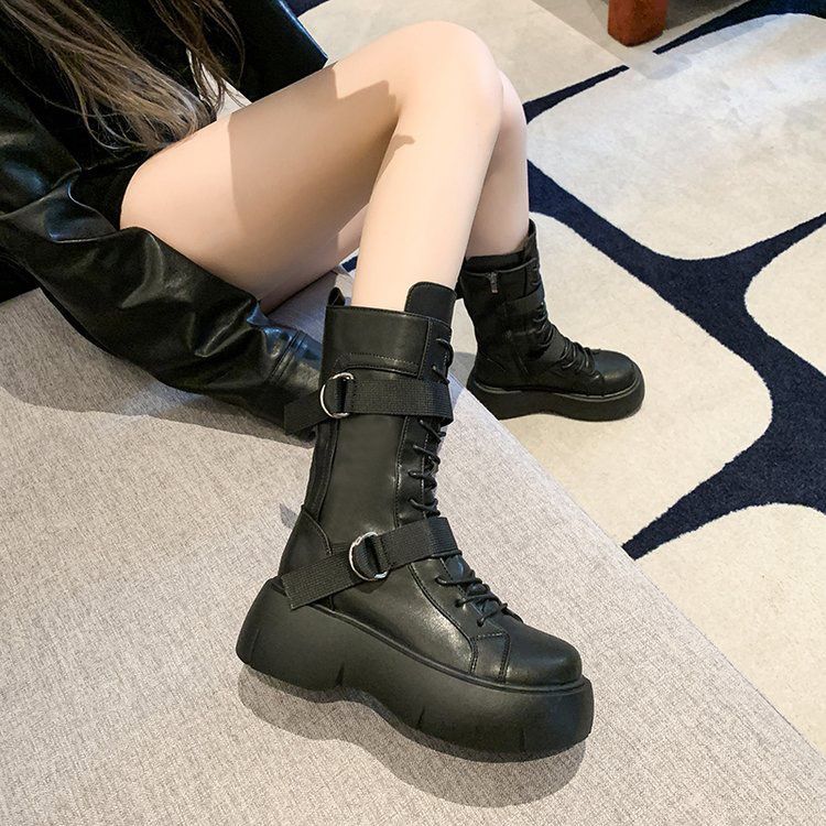 Fashion Round Toe Platform Women's Half High Boots on Promotion Trend 2025 Demi-season New Rock Goth Waterproof in Ladies Mid Calf Shoes