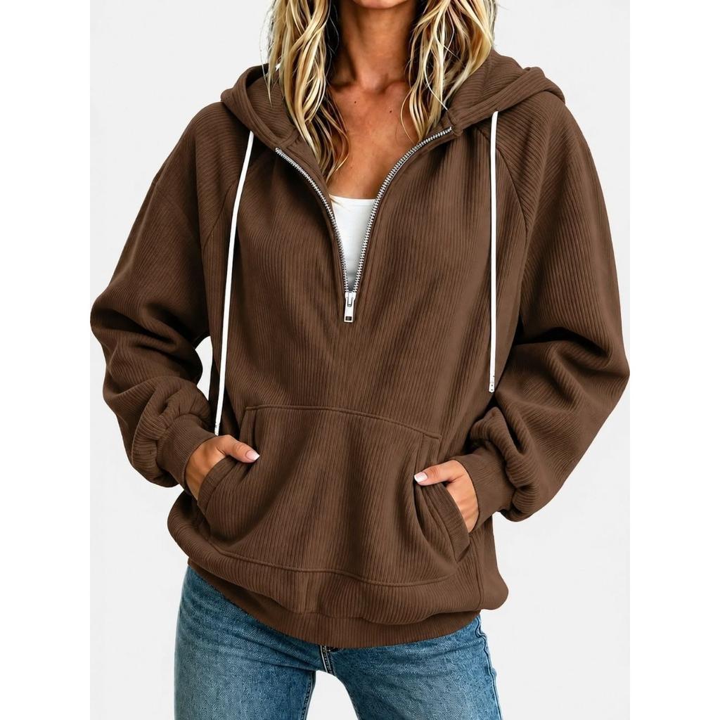 Autumn Winter New Women's Sweatshirt, European American Style Half Zip Hoodie, Loose Long Sleeve Drawstring Casual Top for Women