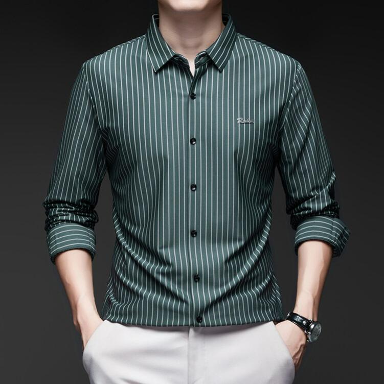 Spring and Autumn Men's Seamless Ice Silk Long-sleeved Shirt, High-end Dad Wear, Non-iron, Anti-wrinkle Casual Striped Shirt