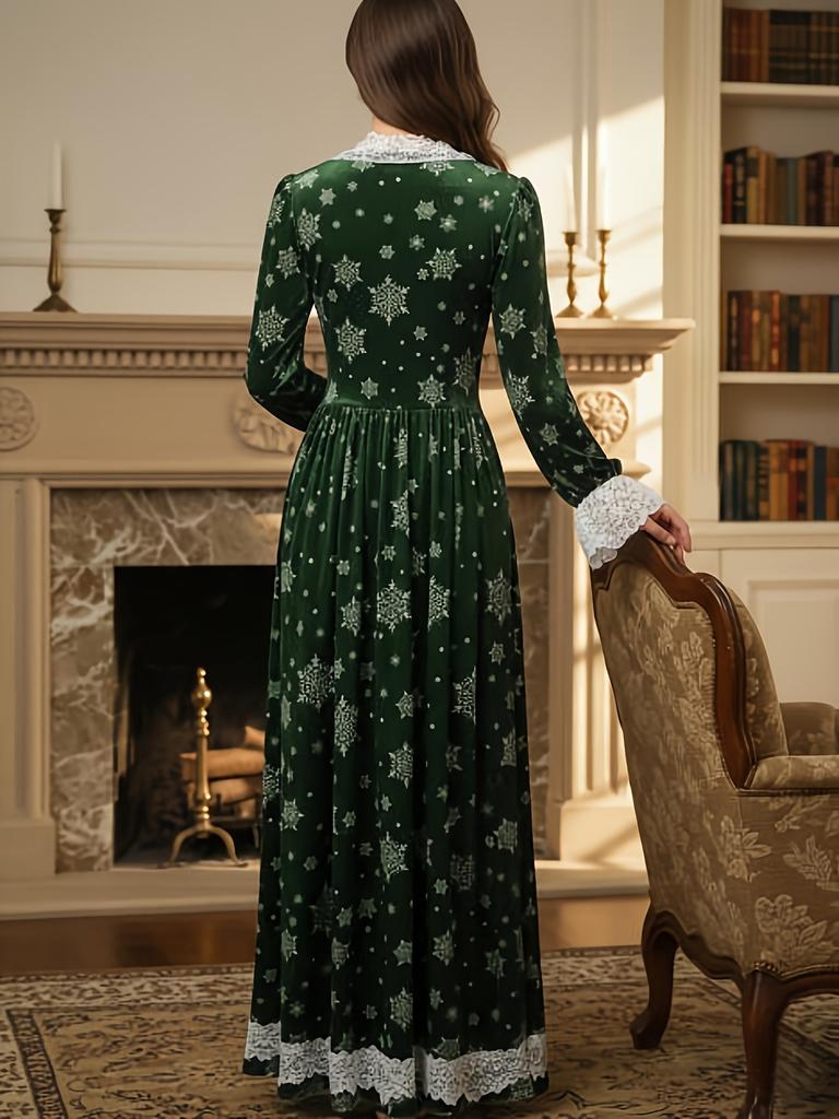 Autumn and winter retro court style velvet dress for women, lace splicing V-neck printed long dress, lantern sleeve waist