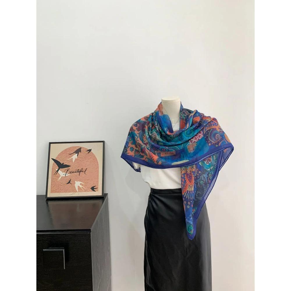 Head Scarf Women Square Scarf Thin Silk Like French Vintage Shawl Exclusive Design Spring Summer Autumn Lightweight Multipurpose