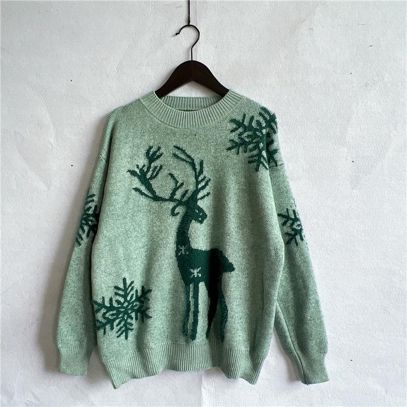 Autumn and Winter Round Neck Long Sleeved Christmas Sweater New Year Snowflake Deer Jacquard Knitted Pullover 3572