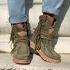Canwedance Botas Femininas Retrô com Franjas Zíper Lateral Sapatos de Camurça Costurados Conforto Bico Redondo Calçados Peludos no Tornozelo botas hippie