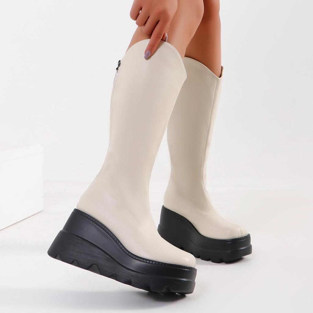 Fashion Fashionable High Quality Women New Modern Mid-calf Boot  Riding Boots Platform Round Toe Black White  Big Size 43 Street Boots