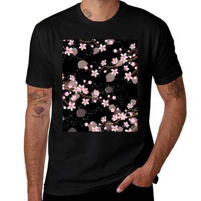 White And Pink Japanese Cherry Blossom Floral Seamless Repetition Pattern On Black TShirt